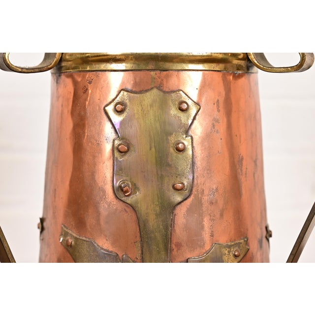 Metal Antique Stickley Brothers Arts & Crafts Three-Handled Large Copper and Brass Vase For Sale - Image 7 of 13