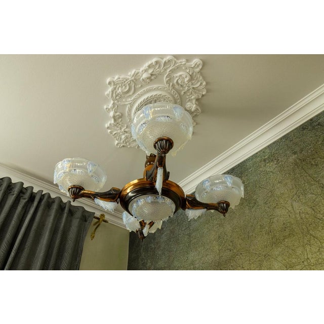 Art Deco French Coppered Metal and Opalescent Glass Chandelier from Ezan, 1930s For Sale - Image 11 of 18
