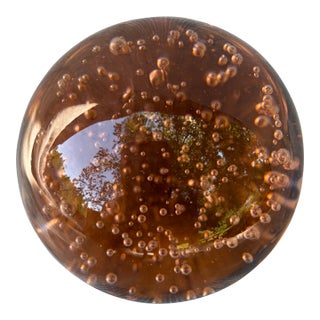 Vintage Controlled Bubble Amber Glass Paper Weight For Sale