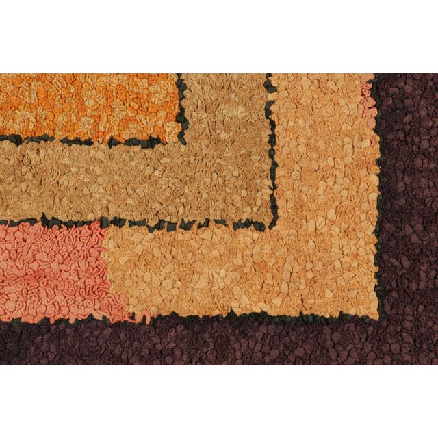 Rug & Kilim Antique Framed Hooked Rug in Pink, Gold and Brown, Geometric - Rug & Kilim For Sale - Image 4 of 4