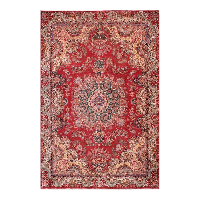 Shabby Chic Tabriz Red/Green Wool Rug - 9'6'' X 13'3'' For Sale