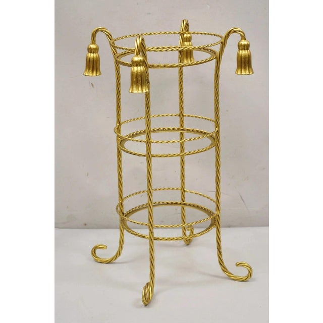 Gold Mid 20th Century Italian Hollywood Regency 3 Tier Gold Iron Rope Tassel Stand Side Tables - Pair For Sale - Image 8 of 10