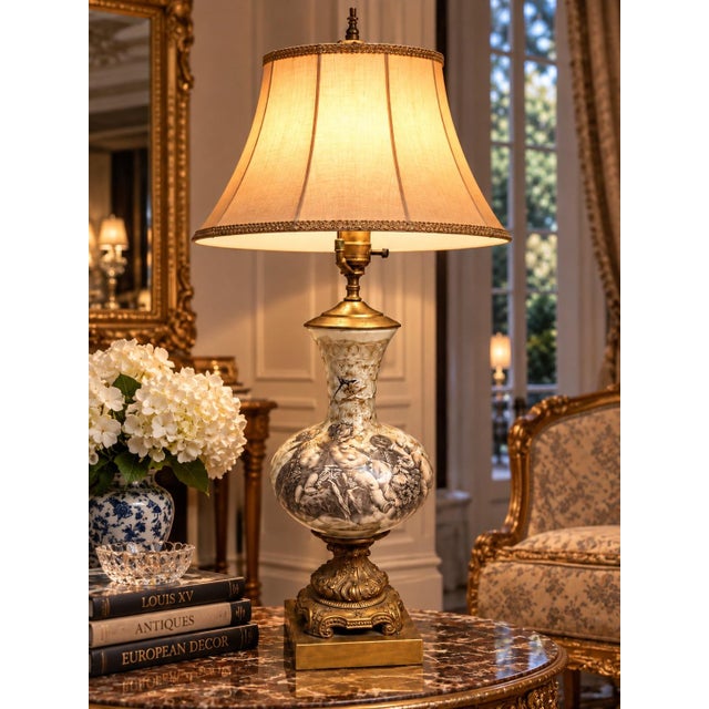 This table lamp features a baluster-form blown glass body with reverse-painted églomisé decoration depicting classical...