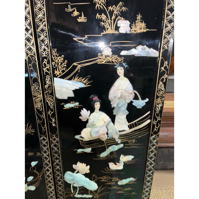 Asian 4 Vintage Asian Lacquered Wood Panels For Sale - Image 3 of 10