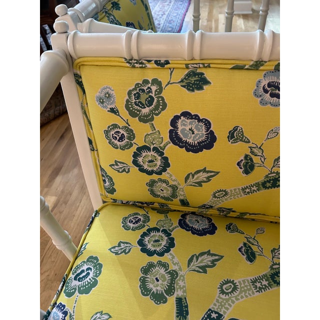 1971 White Chinoiserie Faux Bamboo Club Chairs by Ayers Furniture With Mad Cap Cottage Fabric For Sale - Image 9 of 11