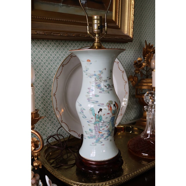 Vintage Chinese Celadon-Ground Famille Rose Celestial Figure Porcelain Table Lamp For Sale - Image 11 of 18