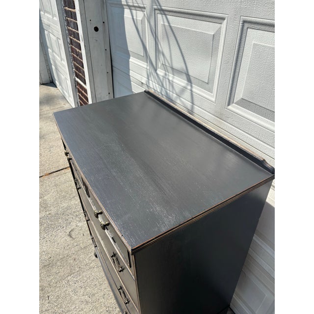 Black Vintage Queen Anne Style Black Chest of Drawers, Refinished Tall Dresser With Brass Hardware For Sale - Image 8 of 10