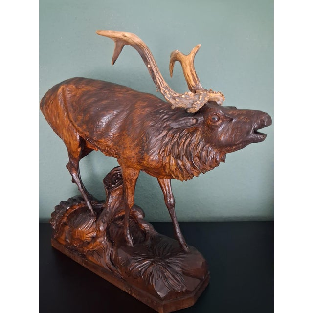 Antique Black Forest Glass and Carved Wood Sculpture of a Roaring Stag, 1950s For Sale - Image 9 of 10
