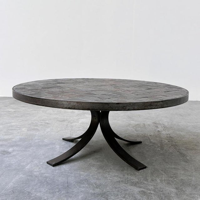 Metal Round Slate Stone Mosaic Coffee Table with Sculptural Metal Base, 1970s For Sale - Image 7 of 10