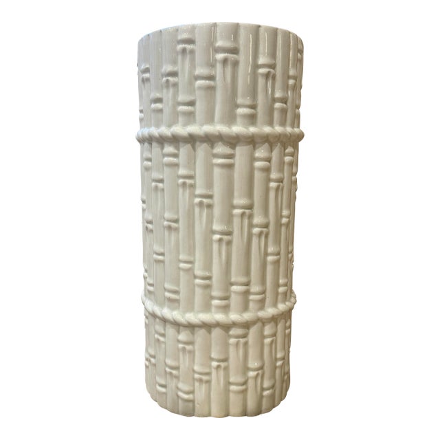 Late 20th Century Glazed White Ceramic Faux Bamboo Umbrella Stand Holder Made in Spain For Sale