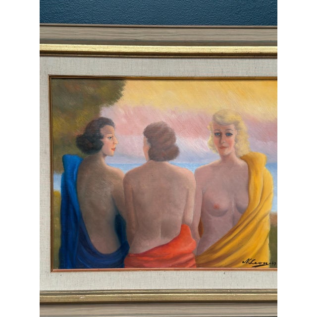 N. Leon, Three Women, 1947, Oil Painting on Panel, Framed For Sale - Image 12 of 18