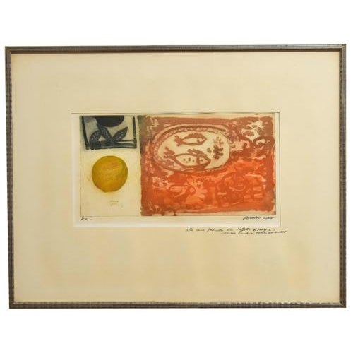 Fishes is an original mixed colored etching realized by Nino Cordio in 1965. Hand signed and dated on the lower right...