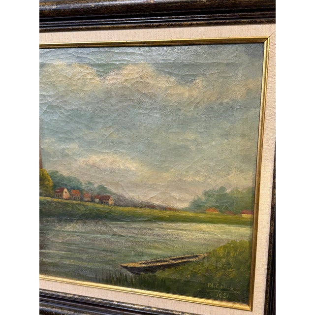 Textile Antique English Oil on Canvas Distant Village For Sale - Image 7 of 7