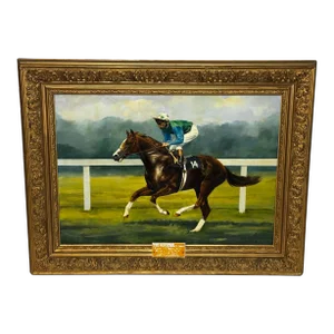 British Oil Painting the Minstrel Chestnut Colt Epsom Derby 1977 Jockey Lester Piggott Framed