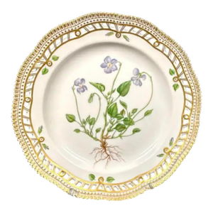 Royal Copenhagen Flora Danica 9" Plate, Viola Canina L, Gilt Border