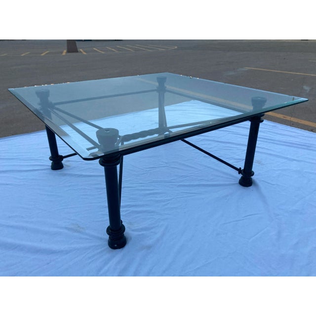 Metal 1980s Mid-Century Modern Square Wrought Iron Base Beveled Glass Top Coffee Table For Sale - Image 7 of 13