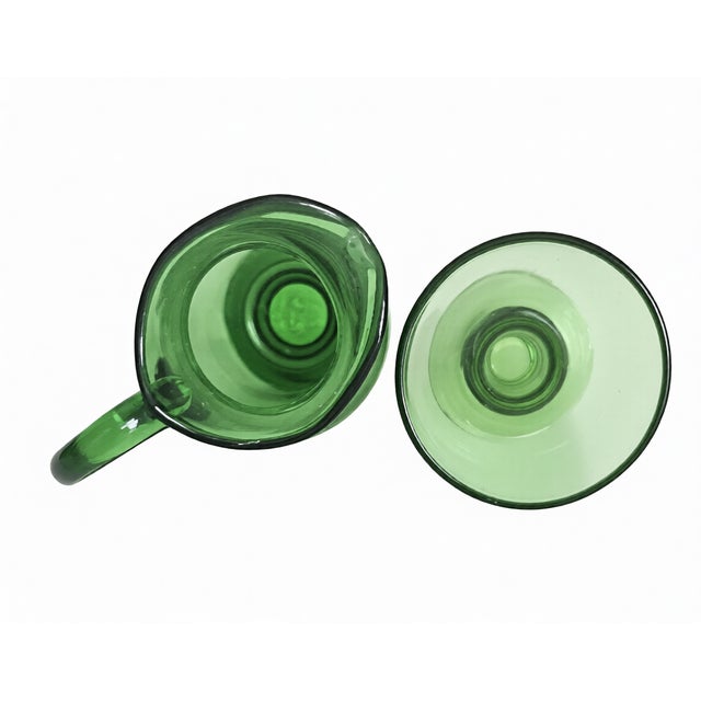Vintage Hand-Blown Czech Bohemian Emerald Green Glass Pitcher & Matching Goblet For Sale - Image 4 of 4
