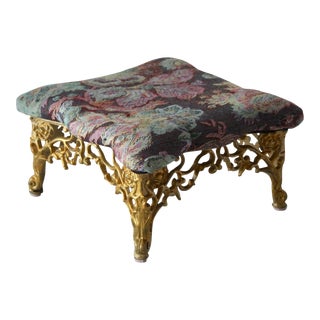 Vintage Victorian Style Cast Metal Foot Stool Painted Brass Finish Padded Tapestry Fabric Top For Sale