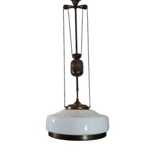 Art Deco Adjustable Pendant Lamp in Brass and Opal Glass, 1930s-1940s For Sale