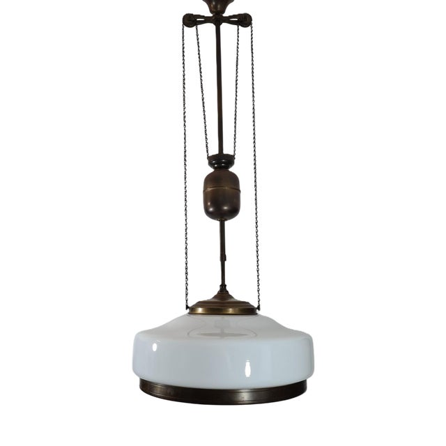 Art Deco Adjustable Pendant Lamp in Brass and Opal Glass, 1930s-1940s For Sale
