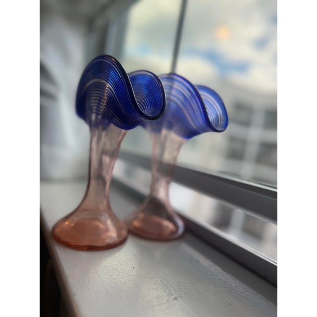 19th Century Vintage Czech Kralik Fan Vases *Set of 2* [Pink & Cobalt Blue] For Sale - Image 5 of 5