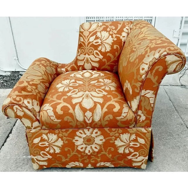 Beautiful pair of upholstered accent chairs from 80's. They feature a distinctive ornate damask pattern in shades of...