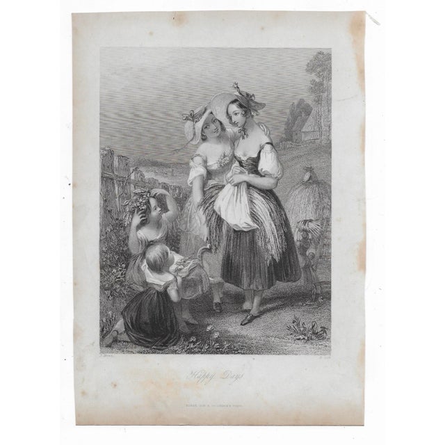 Happy Days, engraved by H. Cook after J. Brown of two ladies and children in a bucolic setting.