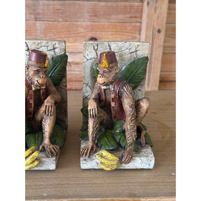 Boho Chic Vintage Cast Resin Monkey Bookends With Bananas and Fez Hats – Pair For Sale - Image 3 of 8