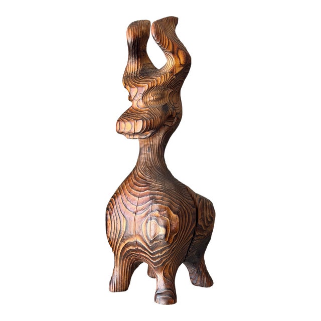 Vintage Mid-Century Modern Retro 1960s Tiki Polynesian Wood Carved Brutalist Sculpture Attributed to Witco For Sale