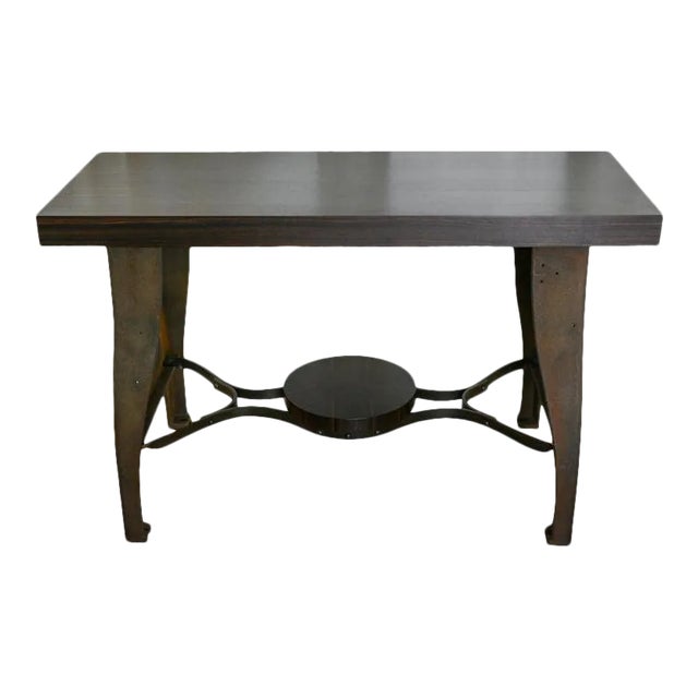 Industrial Trestle Console Table With Macassar Ebony Top and Antique Lathe Base For Sale