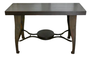 Industrial Trestle Console Table With Macassar Ebony Top and Antique Lathe Base