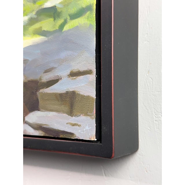 Realism Erosion by Judd Mercer | Oil on panel Landscape of mountains and a lake under a blue sky For Sale - Image 3 of 5