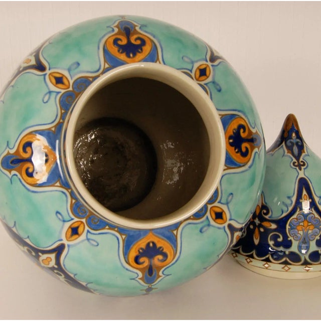 Blue Art Nouveau Ceramic Vase Urn Floral Decoration Blue Turquoise Covered Vase For Sale - Image 8 of 11