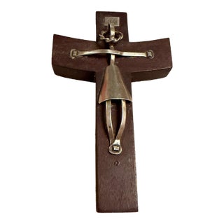 Mexican Modernist Sterling Silver Mahogany Wood Crucifix Gabriel Chavez De La Mora For Sale