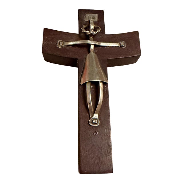 Mexican Modernist Sterling Silver Mahogany Wood Crucifix Gabriel Chavez De La Mora For Sale