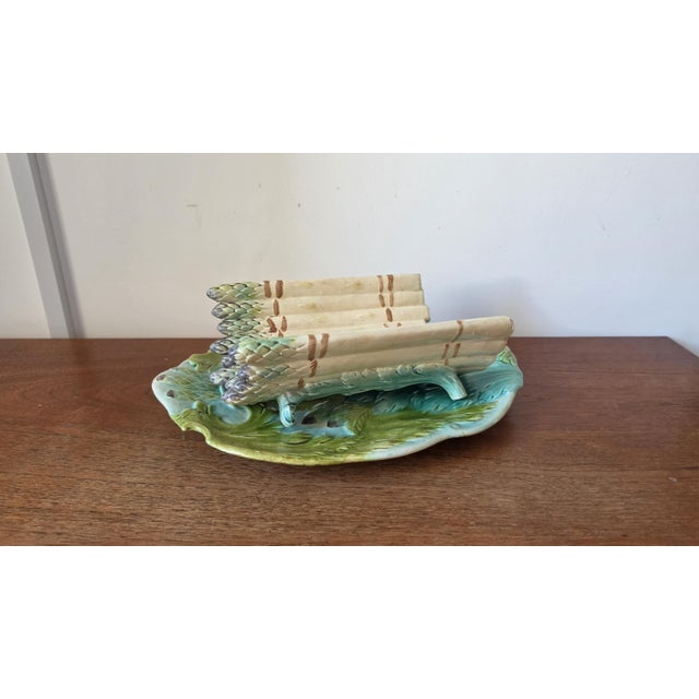 Antique Majolica Asparagus Server Set, Ceramic Drainer & Platter, French Country Kitchen, Green Glaze Serving Dish For Sale - Image 4 of 11