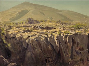 Sabanilla by Diego Glazer | Oil on panel Landscape of rocky terrain with distant hills and vegetation.