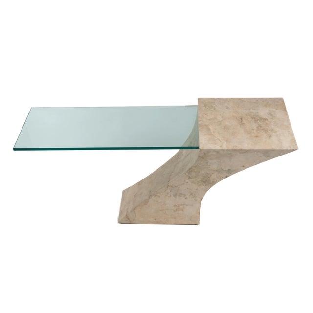 Wood Vintage Cantilevered Faux Goatskin Glass Hall Sofa Console Table After Karl Springer Brueton 1970s For Sale - Image 7 of 12