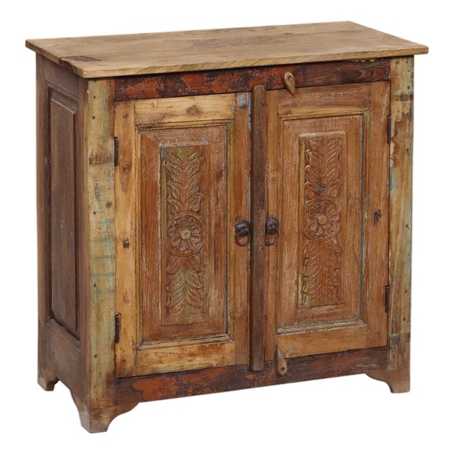 Two-Door Nightstand Made From Antique Indian Teakwood Architectural Elements For Sale