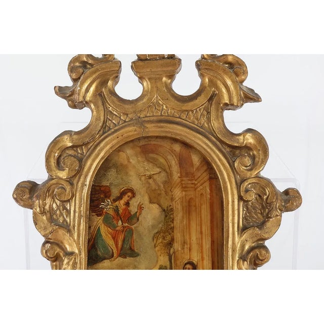 17th Century Annunciation Painting in Elaborate Giltwood Baroque Frame For Sale - Image 13 of 18