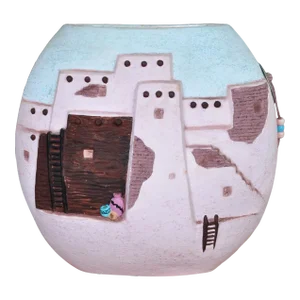 Southwestern Native American Ceramic Pillow Vase With Relief Art Depicting Pueblo Architecture, 2000s