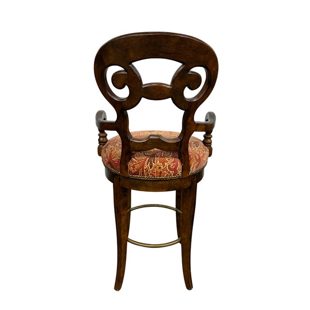 Late 20th Century Pair of Century Furniture Carved Wood Swivel Bar Stools With Paisley Upholstery For Sale - Image 5 of 8