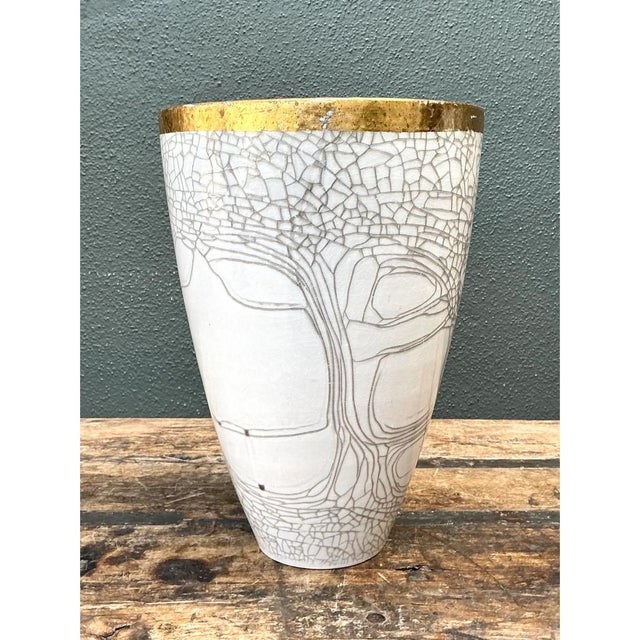 Late 20th Century Vintage Italian Gold Rimmed Crackle Ceramic Vase For Sale - Image 5 of 12