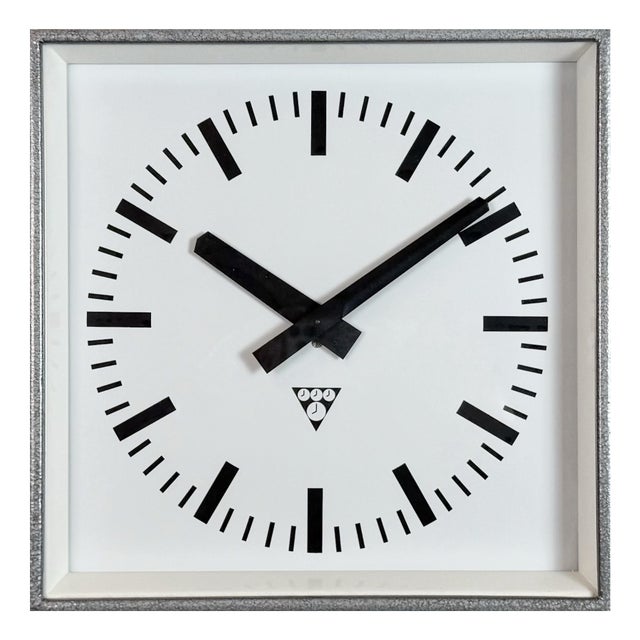 Industrial Grey Square Wall Clock from Pragotron, 1980s For Sale