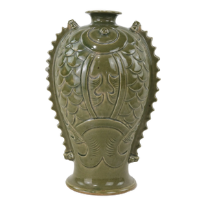 Early 19th Century Chinese Celadon Glazed Fish-Form Vase With Relief Carving