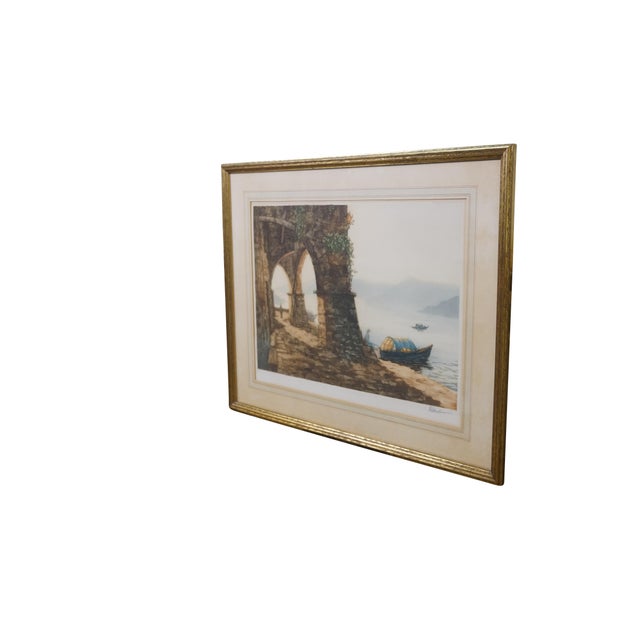 Antique colored etching titled On the Lake by Paul Prudhomme. It depicts a romanticized European / Mediterranean / coastal...