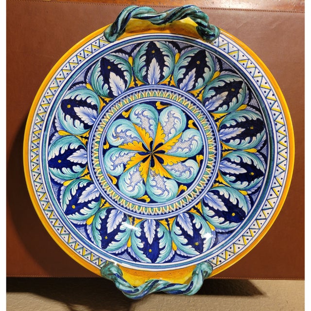 Italian Vintage Deruta Pina Ceramica Geometrico Large Decorative Bowl With Handles For Sale - Image 3 of 4
