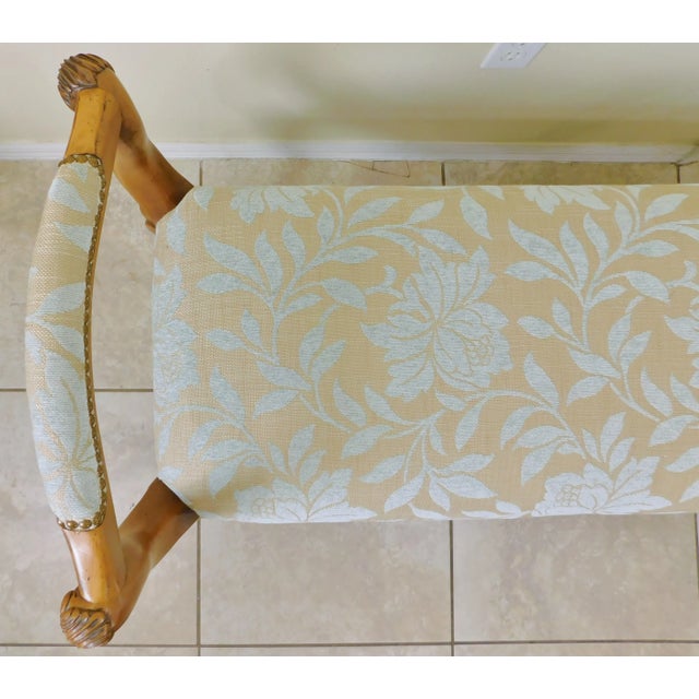 Vintage Light Blue & Beige Upholstered Brass Studded Carved Wood Bench For Sale - Image 4 of 13