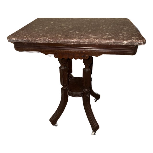 Mid 19th Century Victorian Eastlake Walnut Marble Top Table For Sale