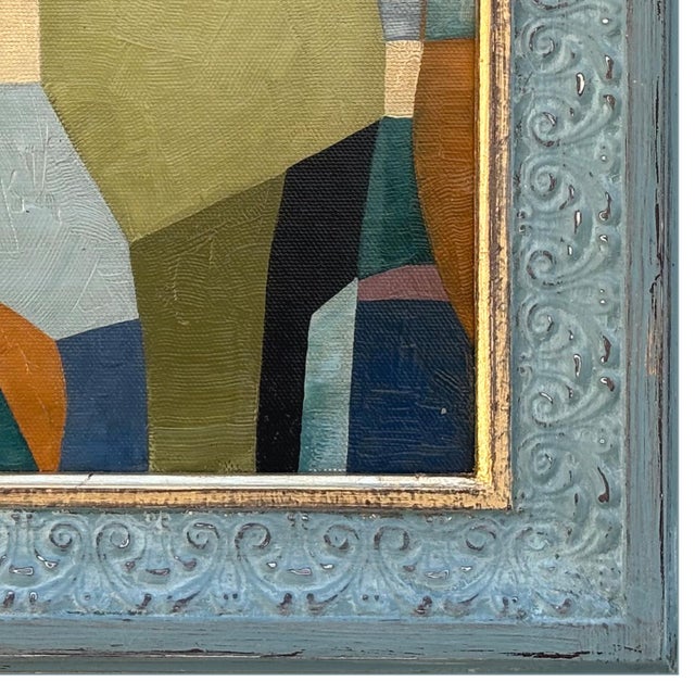 2020s Contemporary Abstract Color-Block Oil Painting in Vintage Blue Frame For Sale - Image 5 of 6